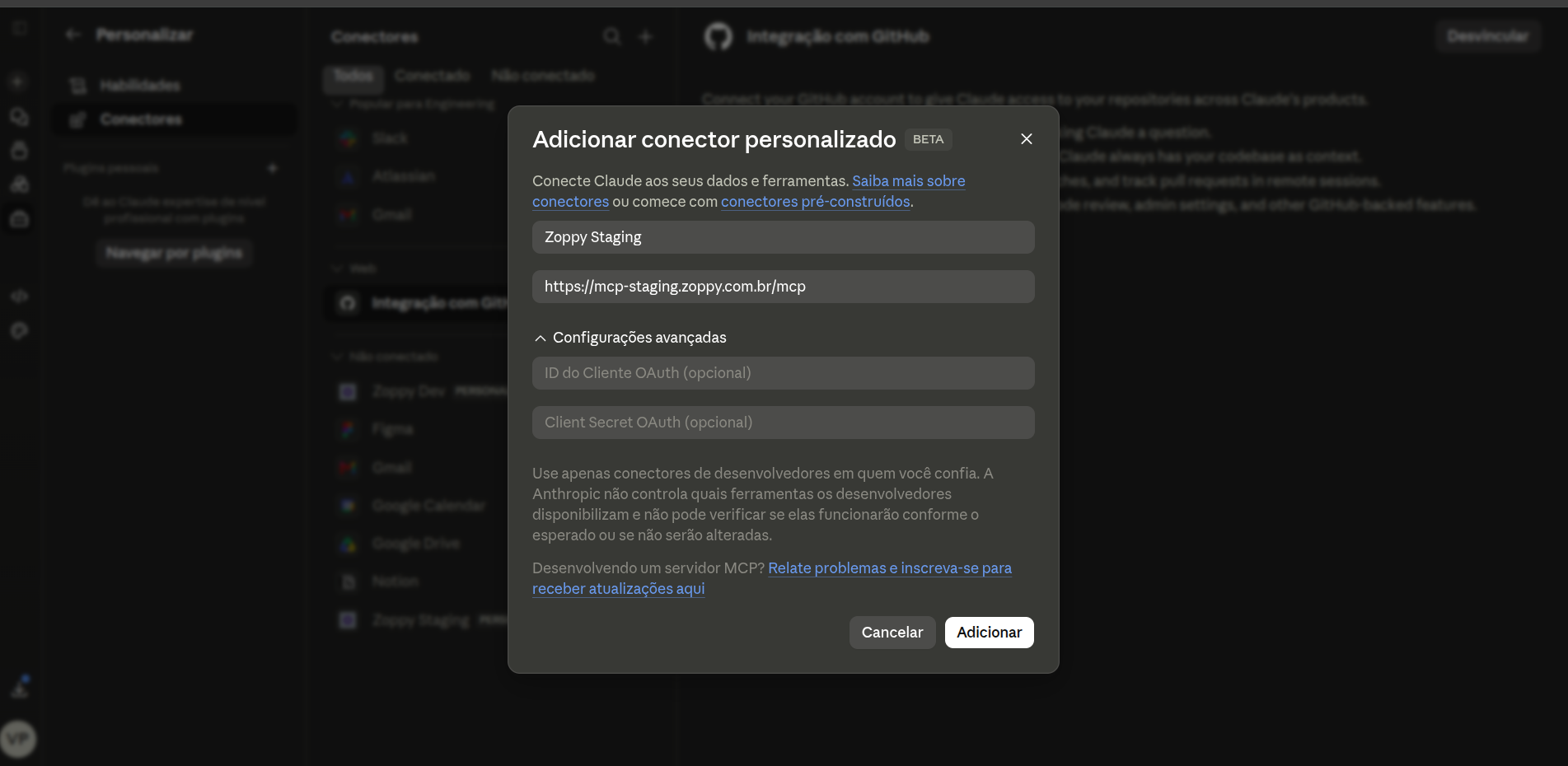 Janela Adicionar conector personalizado com os campos de nome e URL preenchidos.