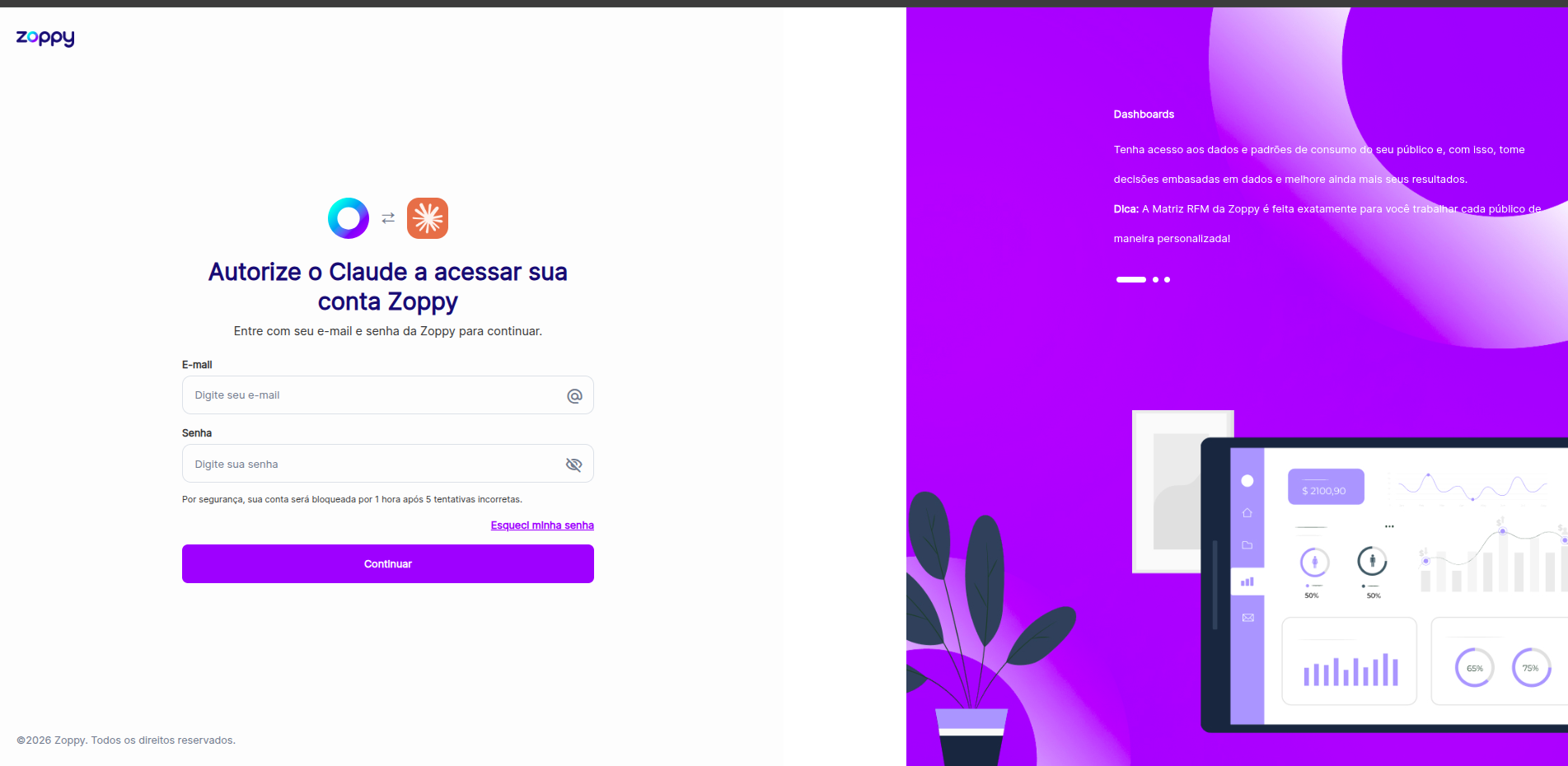 Tela de login da Zoppy pedindo e-mail e senha para autorizar o Claude.