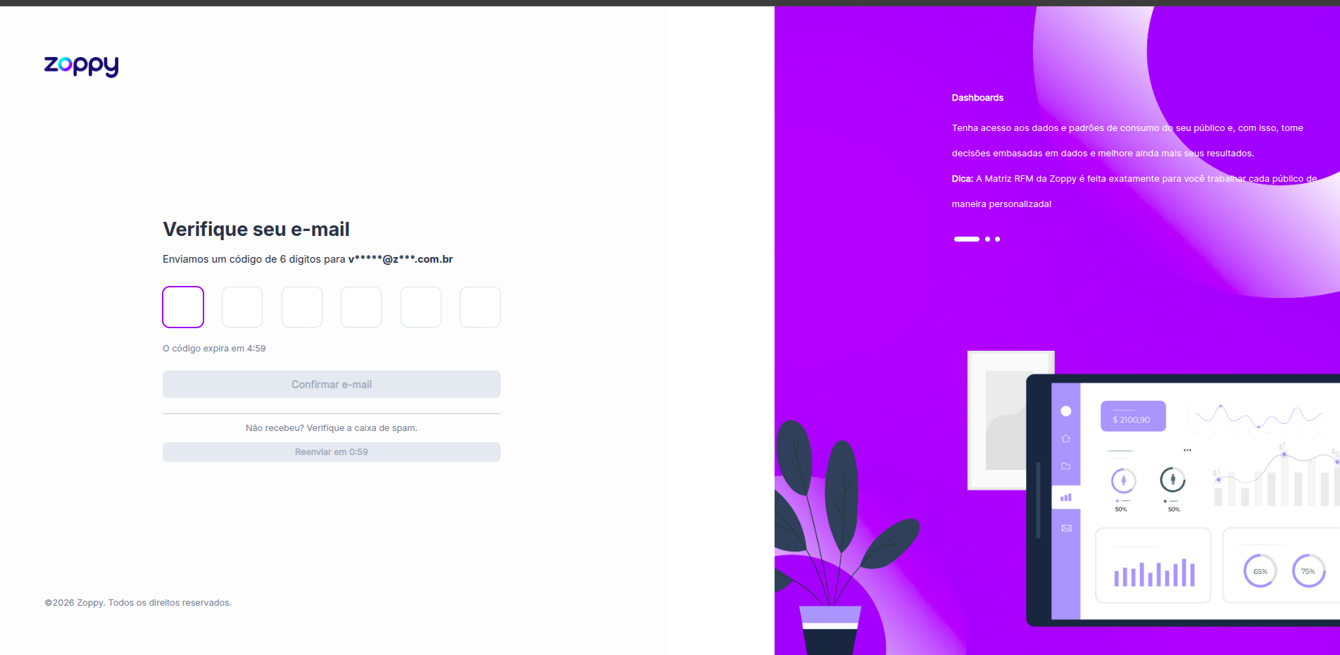 Tela de verificação com seis campos para o código 2FA enviado por e-mail.